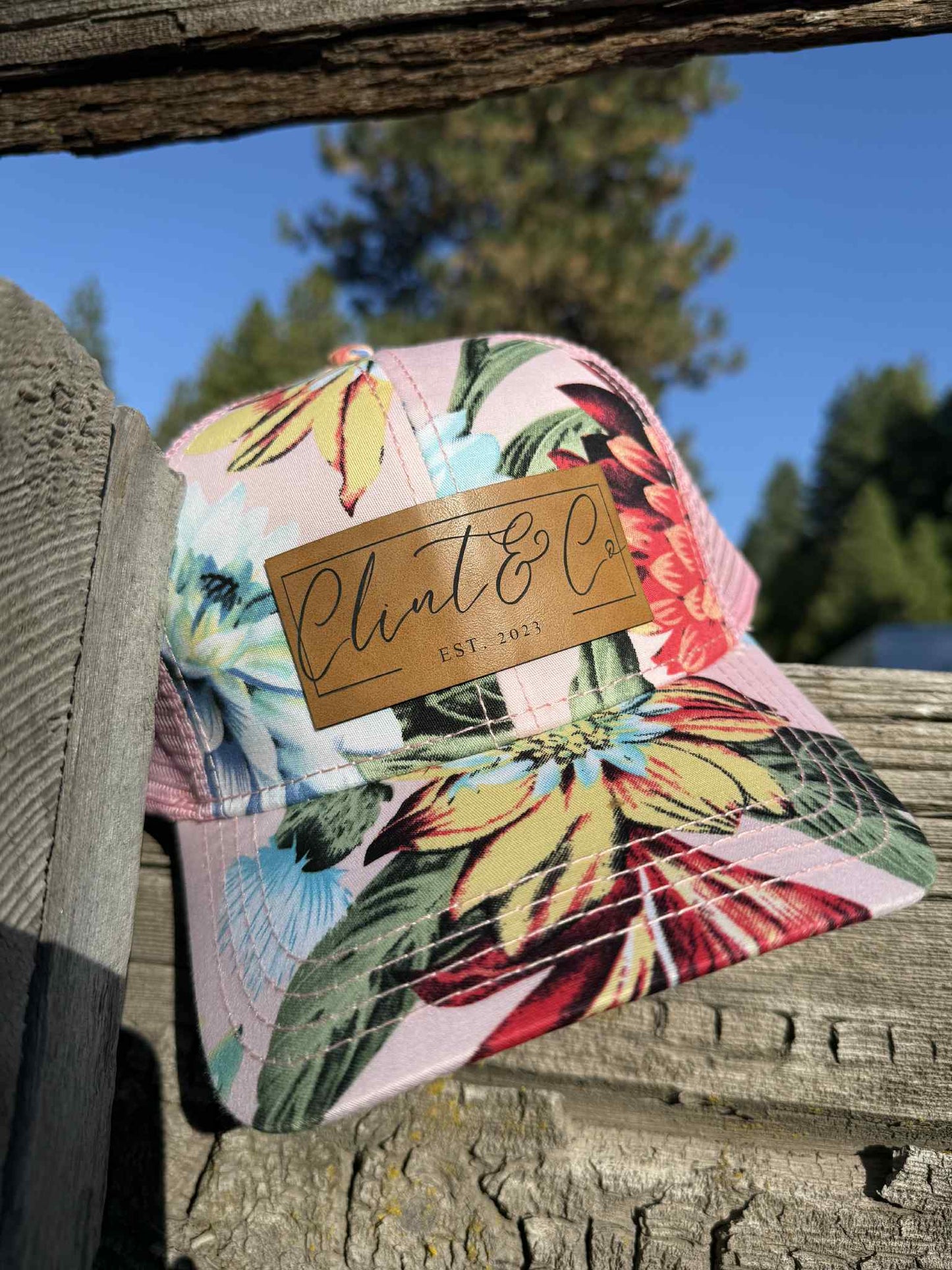 C.C Brand Pink Floral Hat w/ Clint & Co Leather Patch