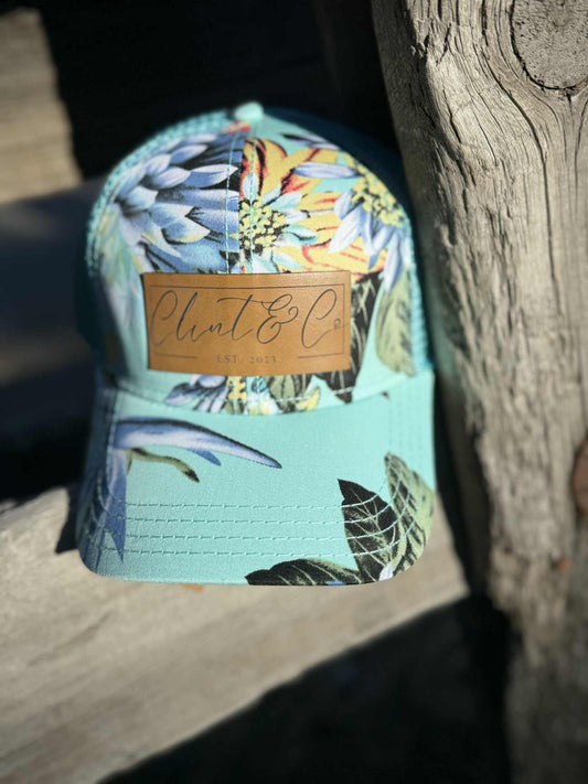 C.C Brand Blue Floral Hat w/ Clint & Co Leather Patch